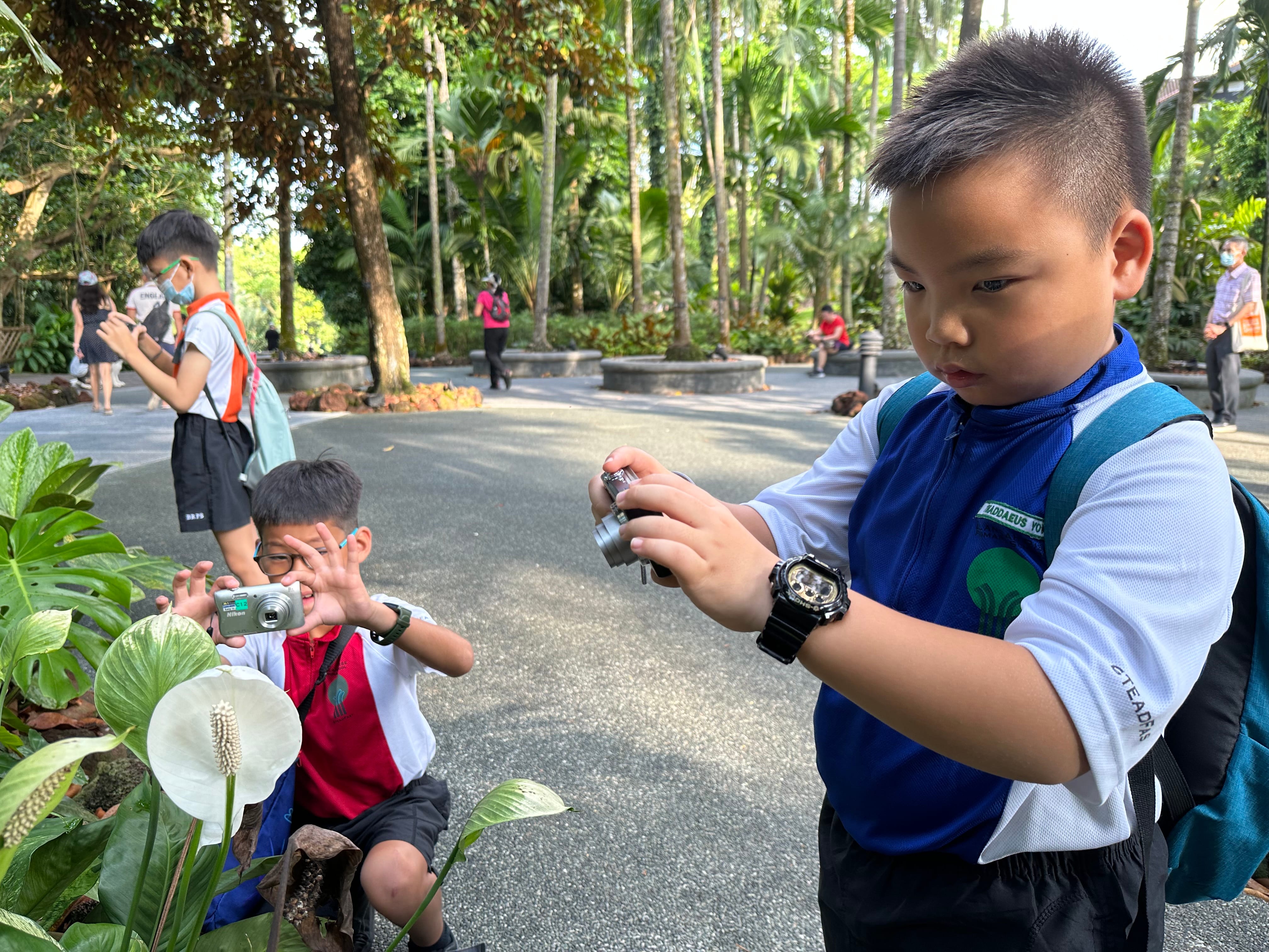 Two schoolboys photograph plants in a sunny park; one kneels by a white flower, one stands close with camera.